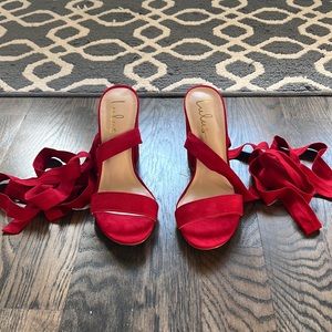 Lulus lace up heels in dark red color, size 9, suede. Currently on website.